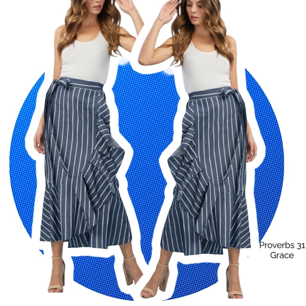 Listicle Ruffles and Stripes Maxi Wrap Midi Skirt